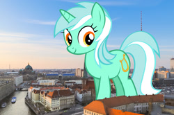 Size: 2048x1363 | Tagged: safe, anonymous editor, artist:tardifice, edit, lyra heartstrings, pony, unicorn, g4, background pony, berlin, female, germany, giant lyra heartstrings, giant pony, giant unicorn, giantess, highrise ponies, irl, looking at you, macro, mare, mega giant, photo, ponies in real life, smiling, solo