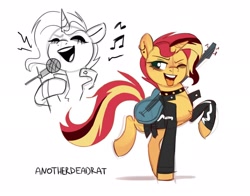 Size: 2048x1602 | Tagged: safe, artist:anotherdeadrat, sunset shimmer, pony, unicorn, alternate hairstyle, electric guitar, female, guitar, musical instrument, one eye closed, rocker, simple background, solo, tongue out, white background, wink