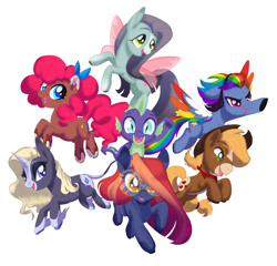 Size: 3750x3600 | Tagged: safe, artist:spookierdeer, applejack, fluttershy, pinkie pie, rainbow dash, rarity, spike, twilight sparkle, classical unicorn, dragon, earth pony, flutter pony, pegasus, pony, unicorn, g4, alternate design, cloven hooves, colored wings, dragons riding ponies, earth pony twilight, female, glasses, high res, horn, leonine tail, male, mane seven, mane six, mare, multicolored wings, race swap, rainbow wings, riding, round glasses, simple background, spike riding twilight, unshorn fetlocks, white background, wings