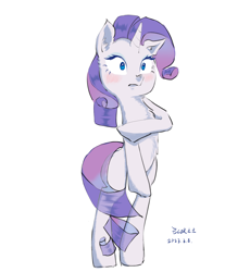 Size: 3000x3256 | Tagged: safe, artist:ecor土土, rarity, pony, unicorn, g4, make new friends but keep discord, adorasexy, bipedal, blushing, chest fluff, closed mouth, cute, embarrassed, embarrassed nude exposure, female, high res, naked rarity, nudity, sexy, simple background, solo, we don't normally wear clothes, white background
