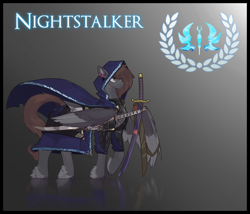 Size: 3500x3000 | Tagged: safe, alternate version, artist:nsilverdraws, artist:veen, oc, oc only, oc:nightstalker, butterfly, pegasus, pony, armor, cape, clothes, cutie mark, ear piercing, female, gradient background, high res, laurel wreath, magic, mare, pegasus oc, piercing, reference sheet, reflection, solo, standing, sundown clan, sword, tail, tail piercing, weapon, wing armor, wings