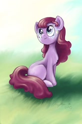 Size: 1416x2142 | Tagged: safe, artist:missymeghan3, oc, oc only, earth pony, pony, earth pony oc, grass, looking up, sitting, solo