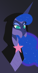 Size: 2606x5036 | Tagged: safe, artist:egor418, idw, princess luna, alicorn, pony, g4, nightmare knights, spoiler:comic, armor, cape, clothes, ethereal mane, female, gradient background, high res, lineless, mare, no pupils, simple background, solo