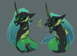 Size: 1686x1237 | Tagged: safe, artist:yozora122, queen chrysalis, changeling, changeling queen, g4, alternate design, bust, gray background, open mouth, simple background, solo