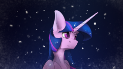 Size: 3840x2160 | Tagged: safe, artist:tenebrisnoctus, twilight sparkle, alicorn, pony, g4, 4k, bust, female, high res, horn, long horn, mare, palindrome get, snow, snowfall, solo, sternocleidomastoid, twilight sparkle (alicorn)