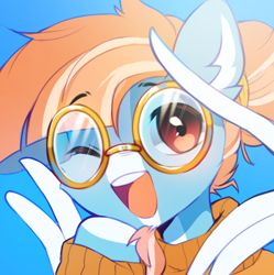 Size: 794x796 | Tagged: safe, artist:astralblues, oc, oc only, oc:solstice breeze, pegasus, pony, adorkable, cute, dork, facial hair, glasses, goatee, male, meganekko, not windy whistles, one eye closed, pegasus oc, solo, wink