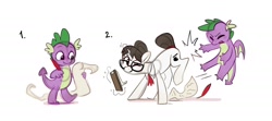 Size: 2048x910 | Tagged: safe, artist:anotherdeadrat, raven, spike, dragon, pony, unicorn, g4, butt bump, butt smash, clipboard, commission, cute, faceful of ass, female, glasses, hair bun, list, male, mare, necktie, older, older spike, one eye closed, quill, ravenbetes, rivalry, scroll, secretary, ship:ravenspike, shipping, simple background, spikabetes, straight, white background, winged spike, wings, wink, ych result