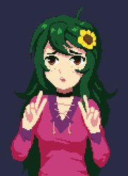 Size: 600x825 | Tagged: safe, artist:terrafomer, wallflower blush, human, equestria girls, g4, alternate clothes, choker, dark background, double peace sign, female, flower, flower in hair, human coloration, peace sign, pixel art, simple background, solo