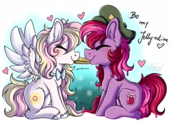 Size: 4093x2894 | Tagged: safe, artist:julunis14, oc, oc only, oc:jelly, oc:ninny, earth pony, pegasus, pony, blushing, chest fluff, couple, duo, duo male and female, ear fluff, earth pony oc, eyes closed, female, freckles, male, mare, oc x oc, pegasus oc, shipping, simple background, stallion, straight, white background