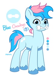 Size: 926x1280 | Tagged: safe, alternate version, artist:maren, oc, oc only, oc:blue chewings, earth pony, pony, g5, my little pony: tell your tale, looking at you, male, mouth hold, reference sheet, show accurate, simple background, smiling, solo, stallion, tell your tale accurate, unshorn fetlocks, white background