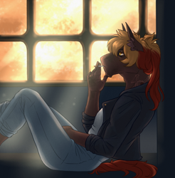 Size: 2140x2176 | Tagged: safe, artist:jeshh, oc, oc only, oc:coal train, earth pony, anthro, cigarette, clothes, high res, jacket, pants, smoking, solo, window