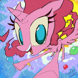 Size: 2000x2000 | Tagged: safe, artist:saltycube, pinkie pie, alicorn, pony, g4, abstract background, alicornified, balloon, cloud, female, high res, mare, pinkiecorn, race swap, smiling, solo, song reference, sparkles, xk-class end-of-the-world scenario