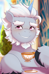 Size: 1880x2814 | Tagged: safe, artist:maren, alphabittle blossomforth, pony, unicorn, g5, cup, dexterous hooves, freckles, gritted teeth, leg fluff, male, open mouth, open smile, smiling, stallion, teacup, teeth