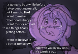 Size: 979x682 | Tagged: safe, anonymous artist, sunny starscout, earth pony, pony, series:anorexic sunny, g5, anorexia, crying, dialogue, female, floppy ears, offscreen character, skinny, solo, teary eyes, thin