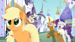 Size: 4096x2303 | Tagged: safe, artist:beatlinked, applejack, rarity, trenderhoof, earth pony, pony, unicorn, g4, alternate scene interpretation, angry, butt, canterlot, clothes, cute, distracted boyfriend meme, eyes on the prize, female, floppy ears, heart, heart eyes, jackabetes, jealous, looking back, male, mare, meme, movie accurate, open mouth, plot, ponified meme, shipping, stallion, straight, trenderity, trenderjack, wingding eyes