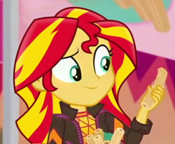 Size: 670x552 | Tagged: safe, sunset shimmer, human, equestria girls, equestria girls specials, g4, my little pony equestria girls: better together, my little pony equestria girls: sunset's backstage pass, churros, cute, female, food, hair, smiling, solo