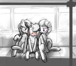 Size: 1000x869 | Tagged: safe, artist:uteuk, oc, oc only, oc:natrix capefiv, bat pony, earth pony, pony, bat pony oc, black and white, blushing, earth pony oc, embarrassed, female, grayscale, larger female, male, mare, monochrome, partial color, sitting, size difference, stallion, train, trio