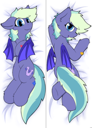 Size: 800x1120 | Tagged: safe, artist:monycaalot, oc, oc:murphy, bat pony, pony, bat pony oc, bat wings, body pillow, bronykindness, commission, fangs, looking at you, lying down, male, solo, wings