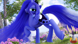Size: 3840x2160 | Tagged: safe, artist:loveslove, princess luna, alicorn, pony, g4, 3d, blender, butt, cute, day, female, flower, folded wings, high res, horn, looking at you, lunabetes, moonbutt, outdoors, plot, smiling, smiling at you, solo, tail, tree, wings