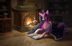 Size: 3408x2208 | Tagged: safe, artist:yasu, twilight sparkle, alicorn, pony, g4, book, bookshelf, chest fluff, cozy, cup, curved horn, female, fire, fireplace, fluffy, glasses, glowing, glowing horn, high res, horn, leonine tail, magic, magic aura, mare, pale belly, reading glasses, solo, tail, teacup, telekinesis, twilight sparkle (alicorn)