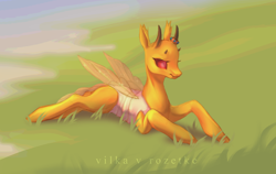 Size: 2748x1736 | Tagged: safe, artist:yasu, oc, oc only, changeling, grass, lying down, solo, yellow changeling