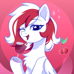 Size: 2500x2500 | Tagged: safe, artist:stesha, oc, oc only, oc:red wine, pegasus, pony, abstract background, alcohol, bottle, bust, cherry, cute, food, glass, high res, looking at you, mouth hold, pegasus oc, portrait, smiling, solo, two toned mane, wine, wine bottle, wine glass