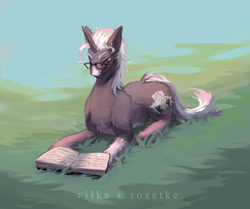 Size: 2976x2488 | Tagged: safe, artist:yasu, oc, oc only, pony, unicorn, book, glasses, grass, high res, lying down, reading