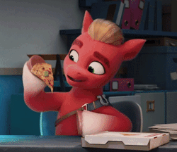 Size: 346x299 | Tagged: safe, screencap, sprout cloverleaf, earth pony, pony, g5, my little pony: a new generation, spoiler:my little pony: a new generation, animated, cropped, food, male, pizza, pizza box, solo, stallion, that pony sure does love pizza, tongue out