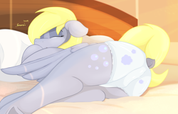 Size: 3361x2160 | Tagged: safe, alternate version, artist:not_texmex, derpibooru exclusive, derpy hooves, pegasus, pony, g4, bed, bed mane, bedroom, butt, comfy, diaper, diaper fetish, dock, female, fetish, happy, high res, innocent, lying down, morning, multiple variants, non-baby in diaper, on side, pillow, plot, sleeping, smiling, snoring, solo, tail, underhoof, white diaper