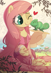 Size: 2817x4000 | Tagged: safe, artist:nookprint, fluttershy, chameleon, pegasus, pony, g4, clothes, cute, female, floating heart, heart, high res, lilypad, mare, one eye closed, pascal, rapunzel, shyabetes, solo, tangled (disney)