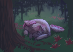Size: 2992x2160 | Tagged: safe, artist:yasu, oc, oc only, pegasus, pony, fluffy, forest, grass, high res, leaves, pegasus oc, sleeping, solo