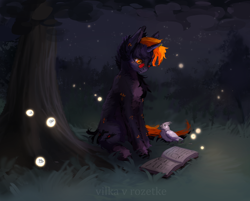 Size: 3200x2568 | Tagged: safe, artist:yasu, oc, oc only, bird, firefly (insect), insect, parrot, pony, unicorn, book, glasses, high res, horn, night, reading, solo, tree, unicorn oc