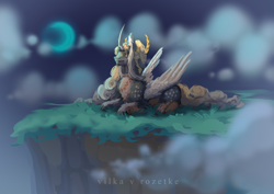 Size: 3376x2395 | Tagged: safe, artist:yasu, oc, oc only, alicorn, pony, alicorn oc, grass, high, high res, horn, lying down, moon, os, wings
