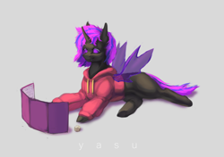 Size: 2456x1728 | Tagged: safe, artist:yasu, oc, oc only, changeling, changeling oc, clothes, dice, holeless, hoodie, purple changeling, rpg