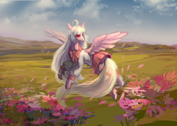 Size: 3328x2368 | Tagged: safe, oc, oc only, oc:ophelia, hippogriff, clothes, flower, flying, high res, hippogriff oc