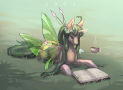 Size: 3432x2512 | Tagged: safe, artist:yasu, oc, oc only, pony, unicorn, book, cup, glowing, glowing horn, grass, high res, horn, magic, reading, teacup, telekinesis