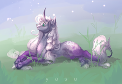 Size: 3296x2280 | Tagged: safe, artist:yasu, oc, oc only, pony, unicorn, curved horn, grass, high res, horn, lying down, stars, unicorn oc