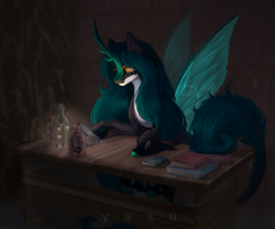 Size: 3120x2592 | Tagged: safe, artist:yasu, oc, oc only, changeling, firefly (insect), insect, kirin, book, desk, glowing, glowing eyes, high res, solo, witch