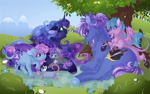 Size: 1600x1006 | Tagged: safe, artist:roselord, princess luna, tiberius, oc, oc:azure night, hybrid, pony, g4, azuna, canon x oc, children, commission, family, female, foal, kids, long tail, male, offspring, parent:oc:azure night, parent:princess luna, parents:azuna, parents:canon x oc, shipping, straight, ych result