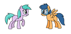 Size: 1034x503 | Tagged: safe, artist:andrewtheawesomegamer64, aura (g4), first base, earth pony, pegasus, pony, g4, adorabase, aurabetes, best friends, colored, cute, duo, female, friends, goggles, mare, older, older aura (g4), older first base, pilot, raised hoof, raised leg, simple background, smiling, talking, transparent background