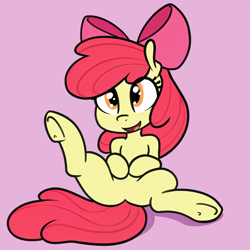 Size: 2400x2400 | Tagged: safe, artist:whatsapokemon, edit, apple bloom, earth pony, pony, g4, adorabloom, butt, cute, featureless crotch, female, filly, foal, high res, open mouth, pink background, plot, simple background, sitting, solo, spread legs, spreading