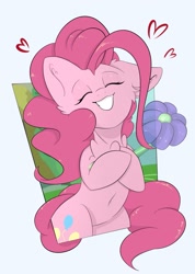 Size: 1407x1978 | Tagged: safe, artist:eventseem, pinkie pie, earth pony, pony, g4, balloon, eyes closed, female, floating heart, grin, heart, mare, smiling, solo