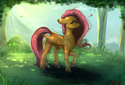 Size: 3702x2505 | Tagged: safe, artist:miokomata, fluttershy, pegasus, pony, g4, colored hooves, dappled sunlight, female, floating heart, floppy ears, forest, freckles, freckleshy, heart, high res, looking at you, mare, raised hoof, smiling, smiling at you, solo