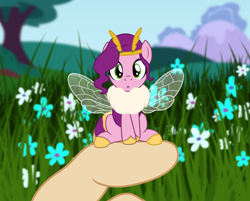 Size: 2566x2060 | Tagged: safe, artist:badumsquish, derpibooru exclusive, pipp petals, bee, bee pony, bumblebee, human, hybrid, original species, pony, g4, g5, :o, adorapipp, antennae, bumblebipp, chest fluff, cute, daaaaaaaaaaaw, female, female focus, flower, flower field, g5 to g4, generation leap, grass, grass field, hand, high res, human pov, in goliath's palm, innocent, insect wings, looking at you, mountain, offscreen character, offscreen human, open mouth, pipp is short, pipp is smol, sitting, size difference, smol, solo focus, species swap, tiny, tiny ponies, tree, weapons-grade cute, wings