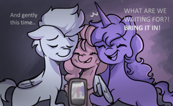 Size: 1133x693 | Tagged: safe, anonymous artist, izzy moonbow, pipp petals, sunny starscout, zipp storm, earth pony, pegasus, pony, unicorn, series:anorexic sunny, g5, anorexia, hug, phone, selfie, skinny, thin, winghug, wings