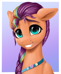 Size: 1029x1232 | Tagged: safe, artist:koshakevich, sunny starscout, earth pony, pony, g5, bag, bust, cute, female, fluttershy's cutie mark, grin, looking at you, mane stripe sunny, mare, portrait, rainbow dash's cutie mark, saddle bag, smiling, smiling at you, solo, sunnybetes, twilight sparkle's cutie mark