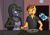 Size: 3508x2480 | Tagged: safe, artist:apocheck13, oc, oc:brushfire, oc:cold bolt, oc:dusky rose, bat pony, kirin, unicorn, anthro, bat pony oc, cooking, fail, female, fire, high res, horn, kirin oc, kitchen, teaching, unicorn oc