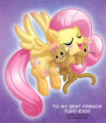 Size: 685x792 | Tagged: safe, artist:marybellamy, fluttershy, cat, pegasus, pony, g4, blushing, commission, cute, eyes closed, female, flying, halo, hug, kitten, mare, open mouth, patreon, patreon reward, shyabetes, signature