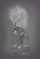 Size: 2559x3700 | Tagged: safe, artist:fridarush2, discord, fluttershy, draconequus, ghost, ghost pony, pegasus, pony, undead, g5, spoiler:g5comic, spoiler:g5comic10, broken horn, crying, female, grayscale, high res, horn, immortality blues, male, monochrome, old man discord, phone, red eyes, scene interpretation, ship:discoshy, shipping, signature, spirit, straight, teary eyes