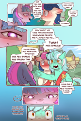 Size: 960x1440 | Tagged: safe, artist:cold-blooded-twilight, bon bon, lyra heartstrings, sweetie drops, twilight sparkle, earth pony, pony, unicorn, cold blooded twilight, comic:cold storm, g4, ..., bedroom eyes, blushing, comic, cute, cute little fangs, dialogue, ear blush, eye contact, fangs, female, flirting, glowing, looking at each other, looking at someone, mare, open mouth, open smile, rapeface, shivering, smiling, speech bubble, sweat, thought bubble, unicorn twilight, wavy mouth, wide eyes